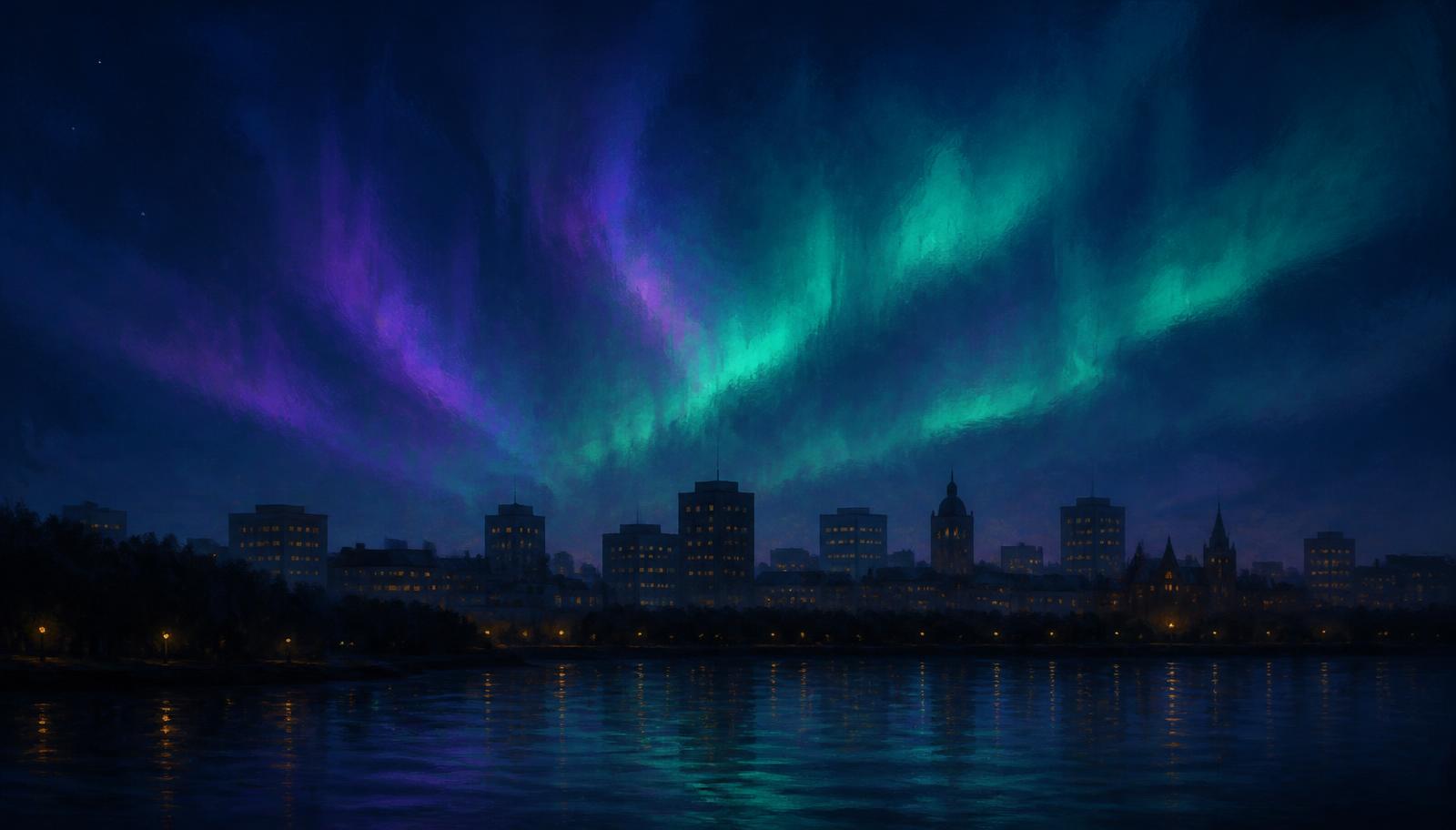Canadian city skyline at evening under a faint aurora
